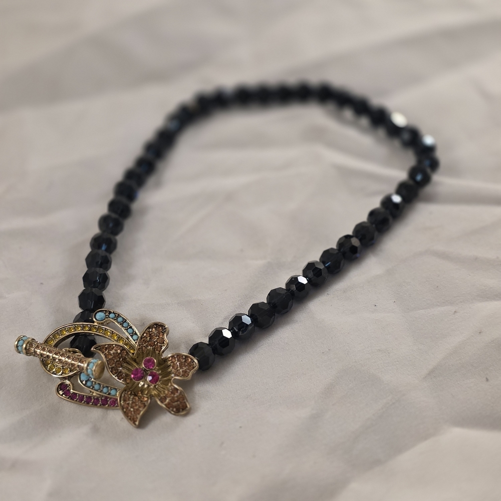 Heidi Daus Black Beaded Necklace with Gold and Multicolor Floral Clasp